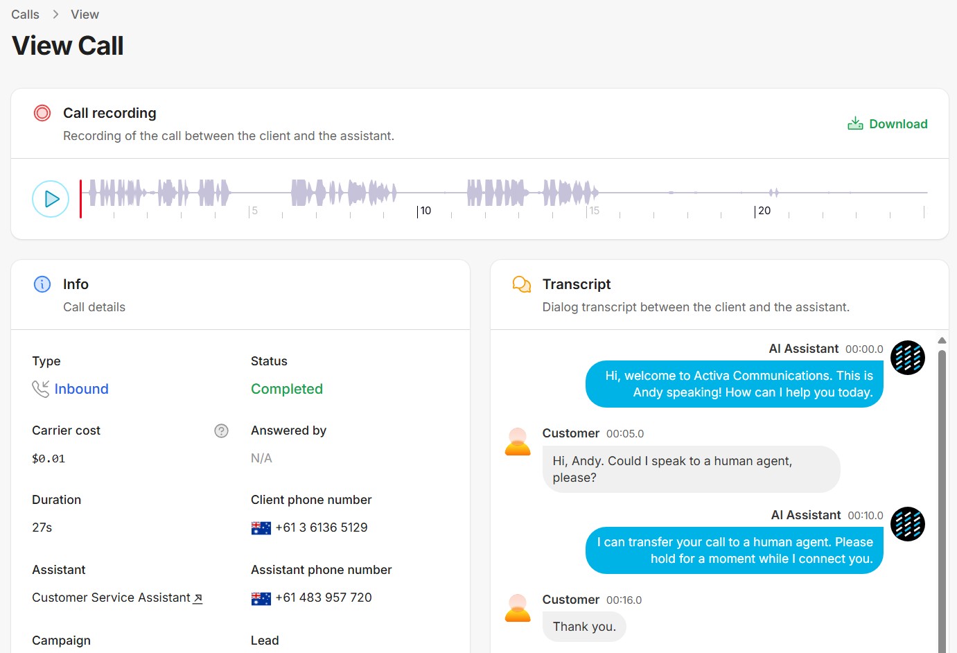 Automatic call recording, summarisation and post-call actions